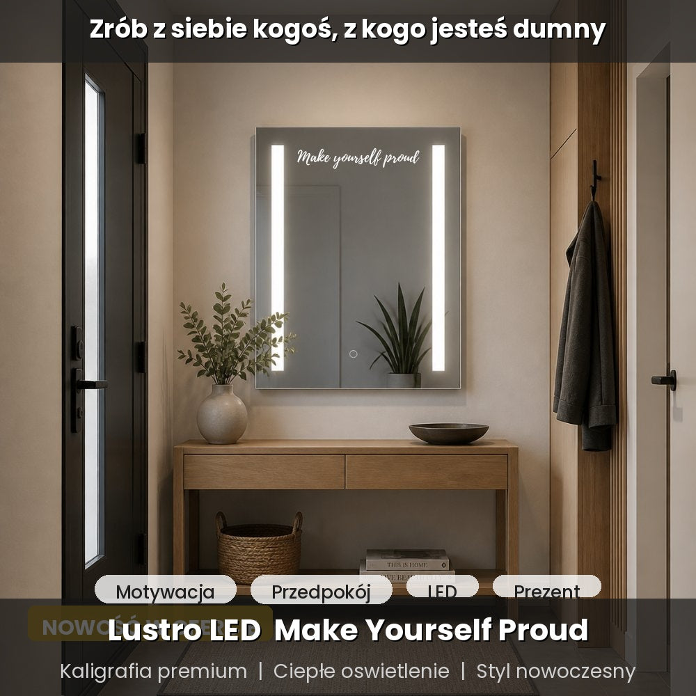 Lustro LED motywacyjne z napisem — ciepłe światło 3000K, dotyk, IP67