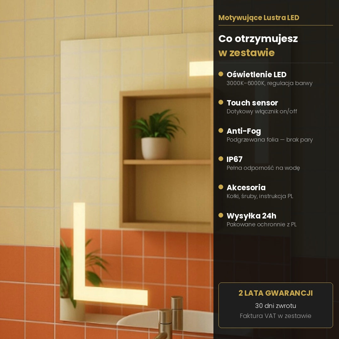 ARIES — Lustro łazienkowe LED, bezramowe, podświetlane, ściemniane