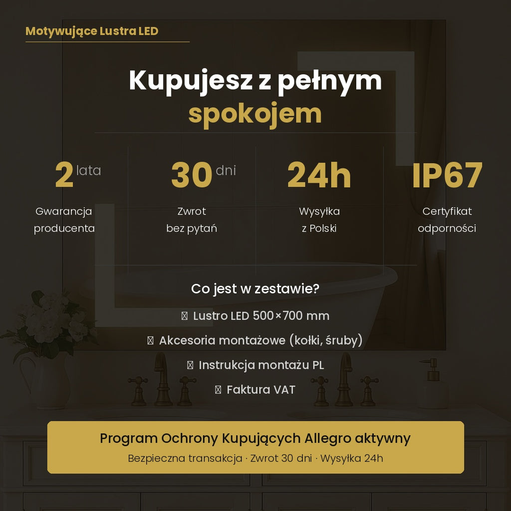 ARIES — Lustro łazienkowe LED, bezramowe, podświetlane, ściemniane