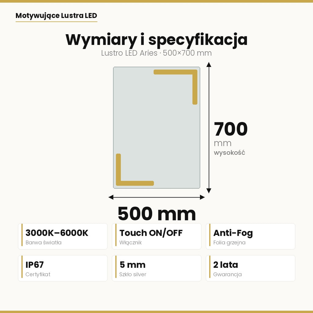 ARIES — Lustro łazienkowe LED, bezramowe, podświetlane, ściemniane