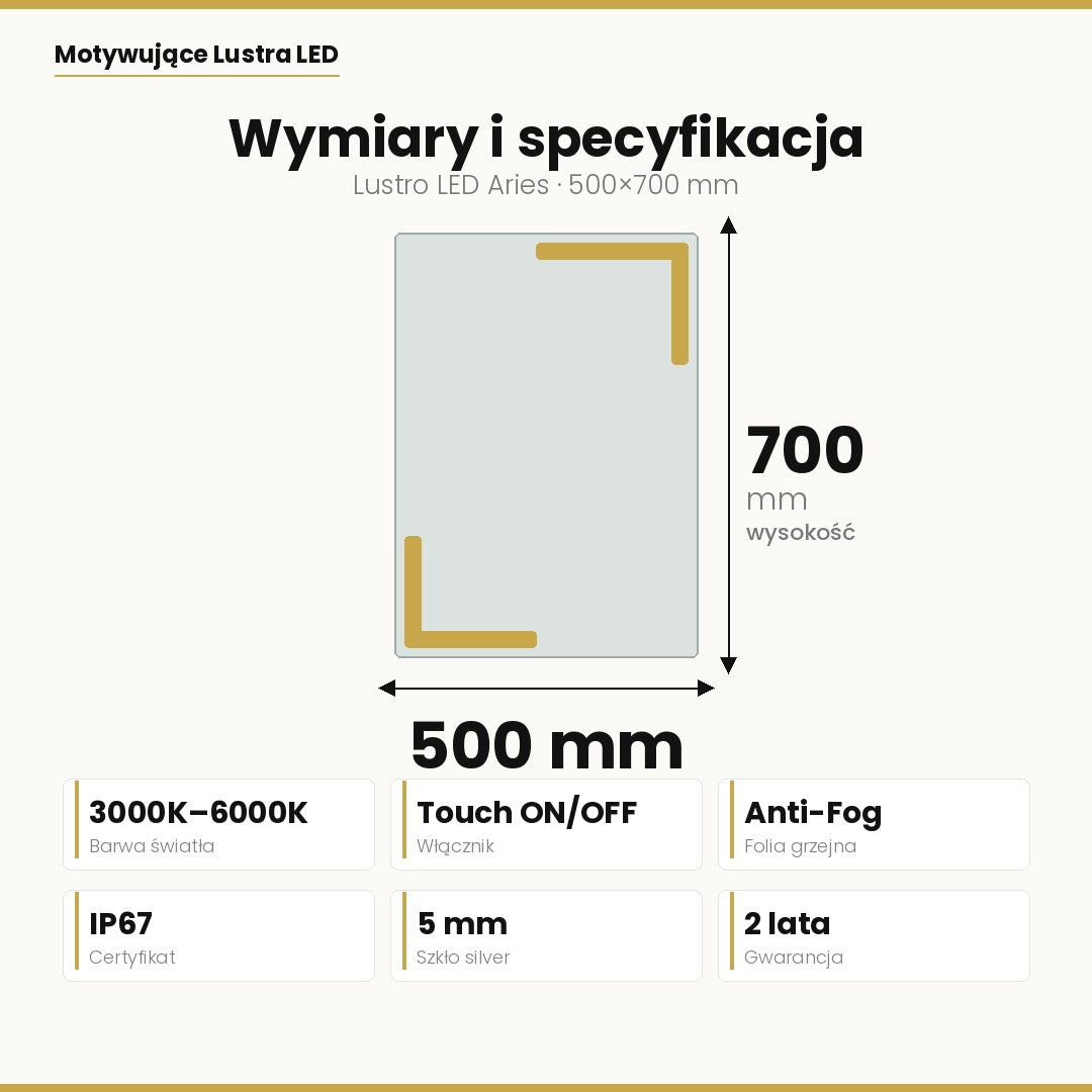 ARIES — Lustro łazienkowe LED, bezramowe, podświetlane, ściemniane